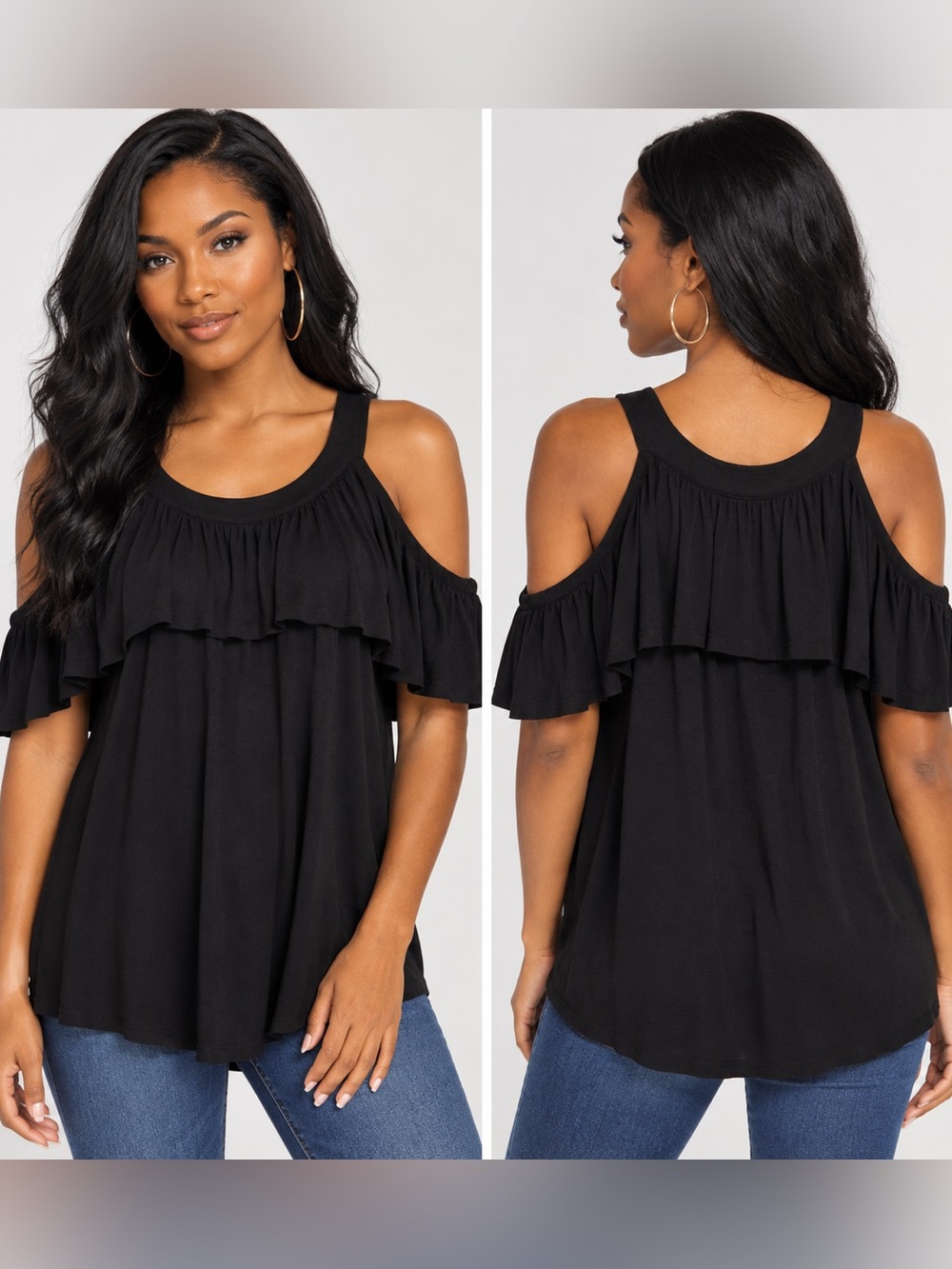 Cable & Gauge Black Cold-Shoulder Ruffle Top